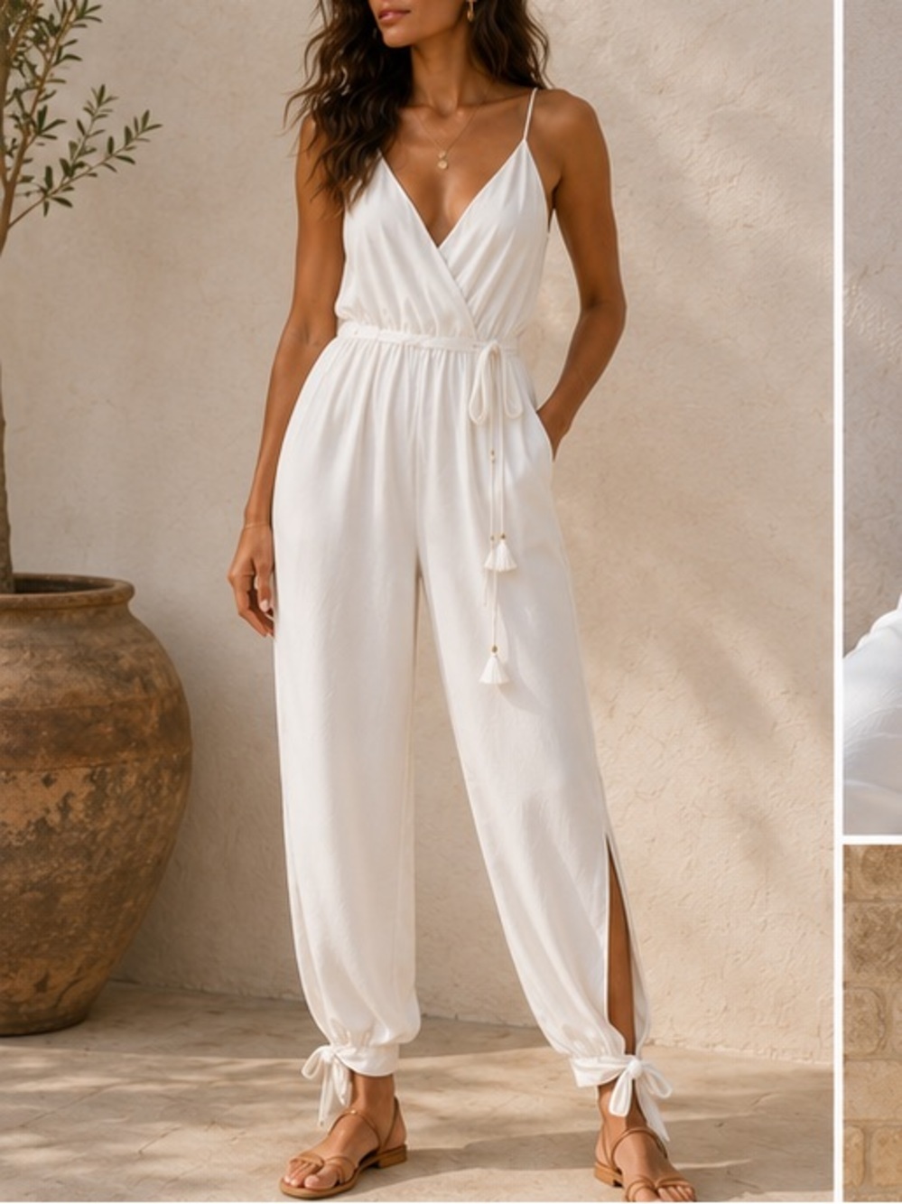 Lulu's Lovely As Can Be White Satin Surplice Jumpsuit Excellent Size M